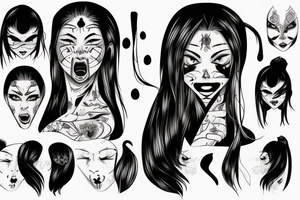 A girl with long dark hair, split personality, psycho eyes and a samurai mask in her right hand tattoo idea