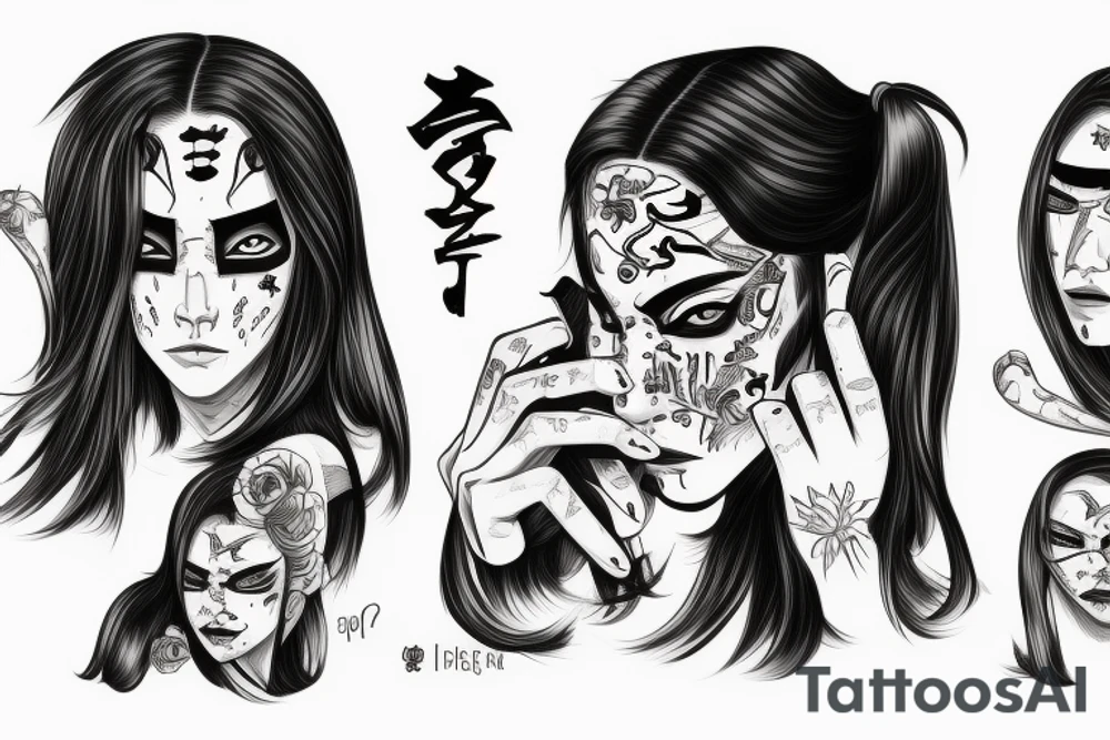 A girl with long dark hair, split personality, psycho eyes and a samurai mask in her right hand tattoo idea