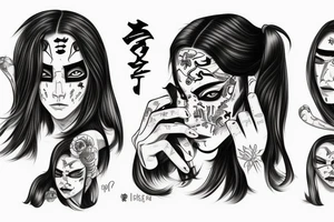 A girl with long dark hair, split personality, psycho eyes and a samurai mask in her right hand tattoo idea