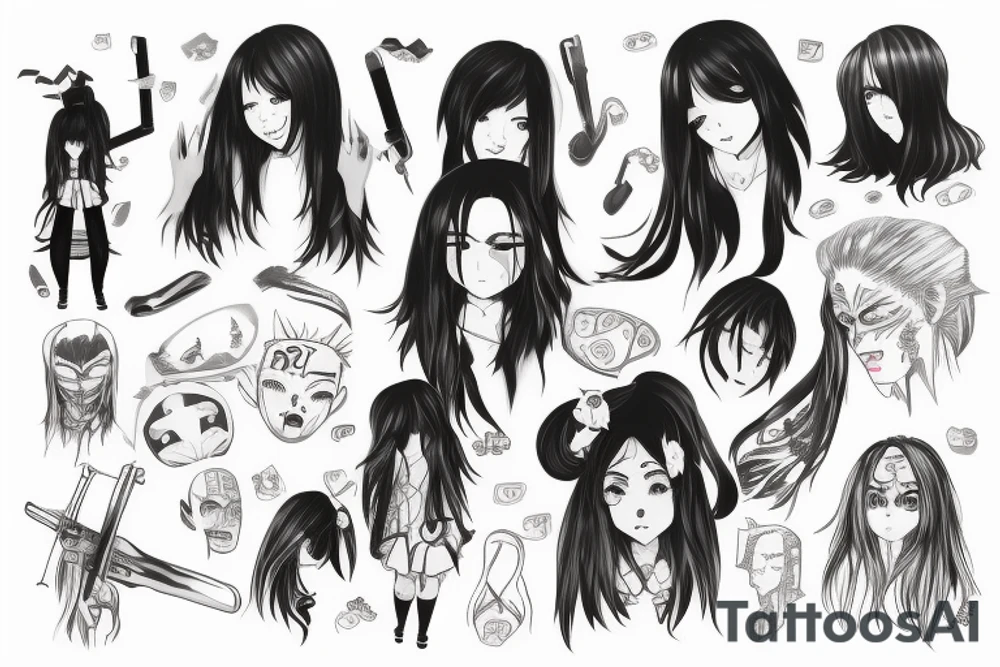 An anime girl with long dark hair, split personality, psycho eyes and a samurai mask in her right hand tattoo idea