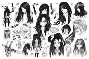 An anime girl with long dark hair, split personality, psycho eyes and a samurai mask in her right hand tattoo idea