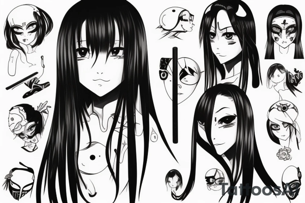 An anime girl with long dark hair, split personality, psycho eyes and a samurai mask in her right hand tattoo idea