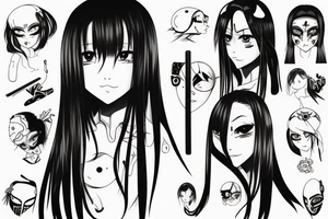 An anime girl with long dark hair, split personality, psycho eyes and a samurai mask in her right hand tattoo idea