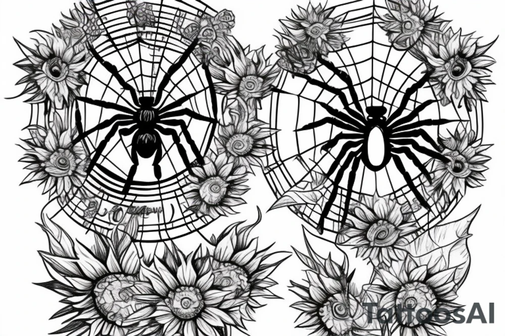 Spider in Roman outfit with sunflowers tattoo idea