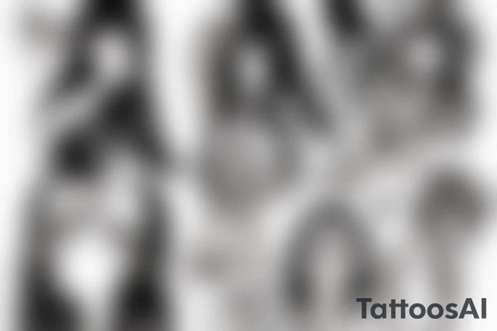 An anime girl with long dark hair, split personality, psycho eyes and a samurai mask in her right hand tattoo idea