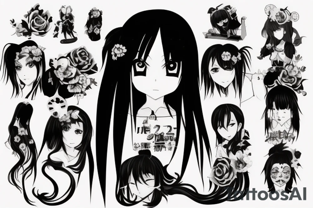 An anime girl with long dark hair, split personality, psycho eyes and a samurai mask in her right hand tattoo idea