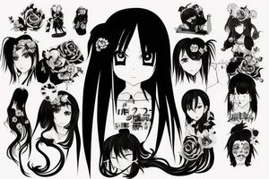 An anime girl with long dark hair, split personality, psycho eyes and a samurai mask in her right hand tattoo idea