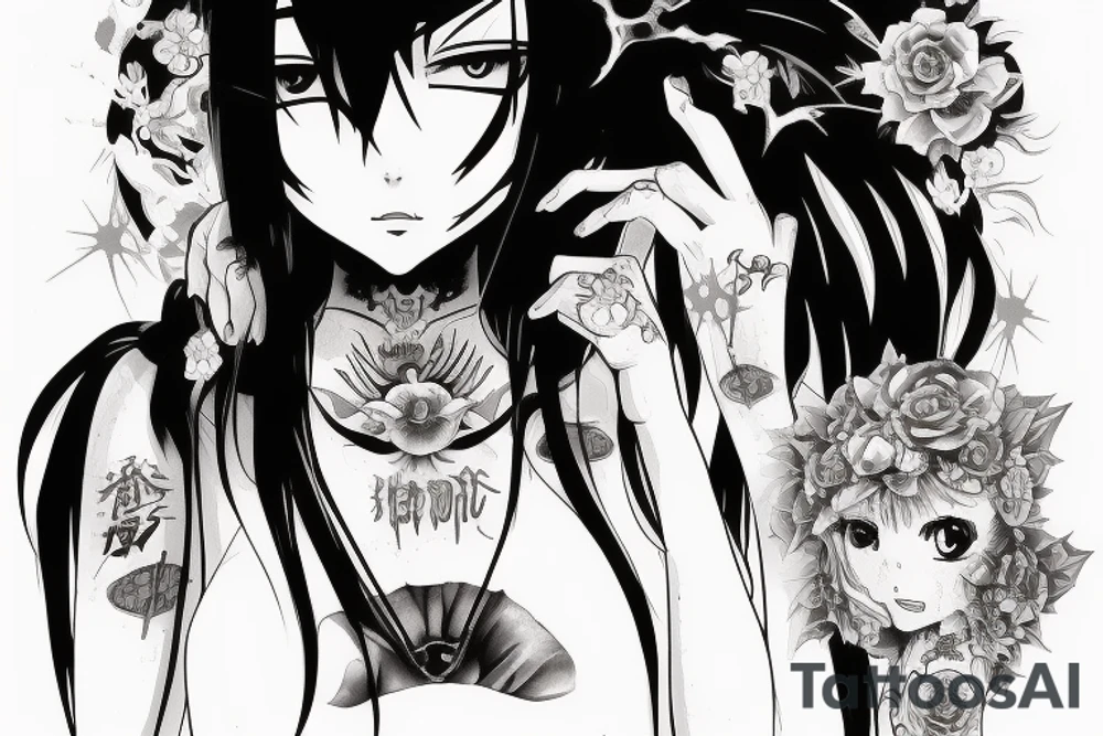 An anime girl with long dark hair, split personality, psycho eyes and a samurai mask in her right hand tattoo idea