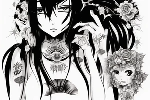 An anime girl with long dark hair, split personality, psycho eyes and a samurai mask in her right hand tattoo idea