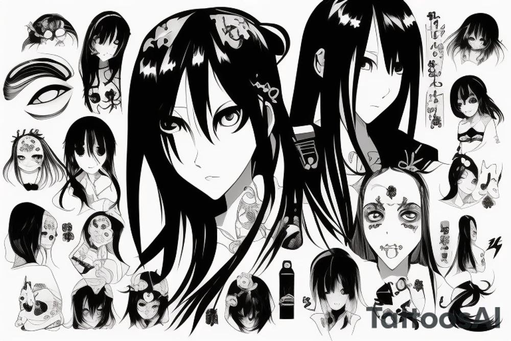 An anime girl with long dark hair, split personality, psycho eyes and a samurai mask in her right hand tattoo idea