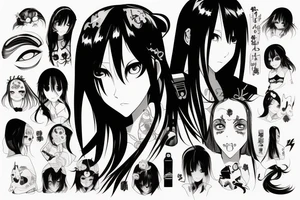 An anime girl with long dark hair, split personality, psycho eyes and a samurai mask in her right hand tattoo idea