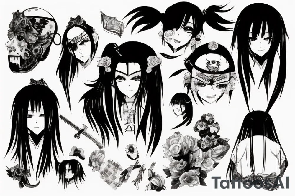 An anime girl with long dark hair, split personality, psycho eyes and a samurai mask in her right hand tattoo idea
