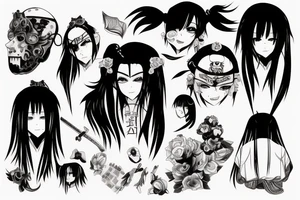 An anime girl with long dark hair, split personality, psycho eyes and a samurai mask in her right hand tattoo idea