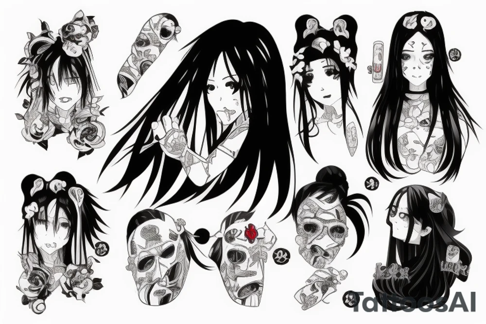 An anime girl with long dark hair, split personality, psycho eyes and a samurai mask in her right hand tattoo idea