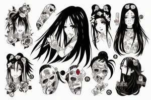 An anime girl with long dark hair, split personality, psycho eyes and a samurai mask in her right hand tattoo idea