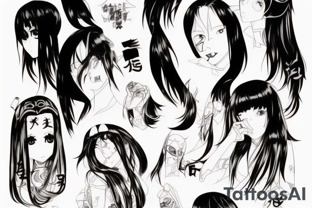 An anime girl with long dark hair, split personality, psycho eyes and a samurai mask in her right hand tattoo idea