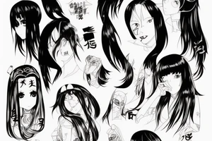 An anime girl with long dark hair, split personality, psycho eyes and a samurai mask in her right hand tattoo idea