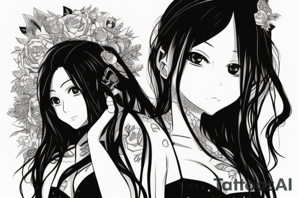An anime girl with long dark hair, split personality, psycho eyes and a samurai mask in her right hand tattoo idea