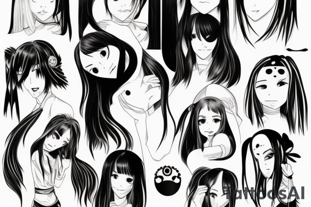 Anime Girl with long dark hair, split personality, psycho eyes and a samurai mask in her right hand tattoo idea