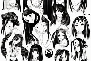 Anime Girl with long dark hair, split personality, psycho eyes and a samurai mask in her right hand tattoo idea