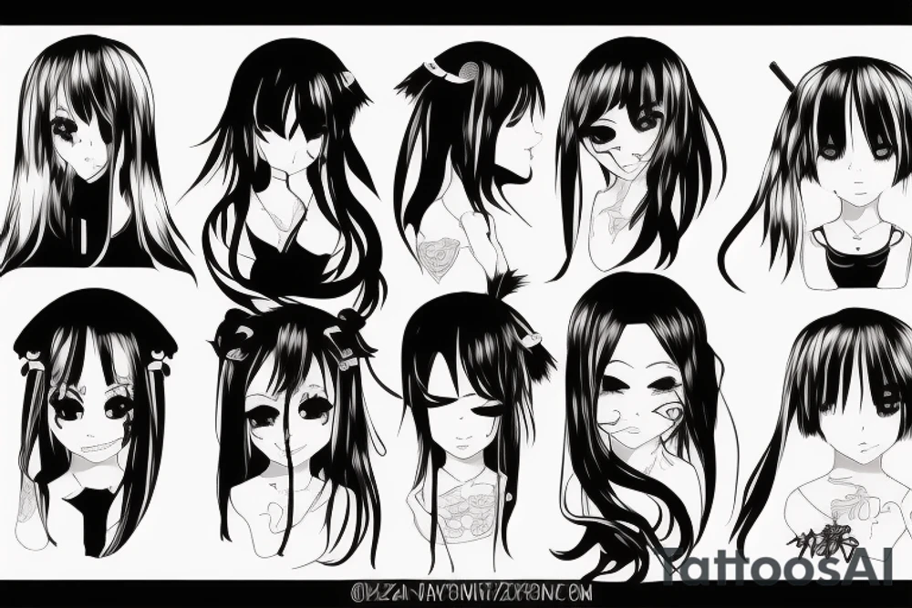 Anime Girl with long dark hair, split personality, psycho eyes and a samurai mask in her right hand tattoo idea