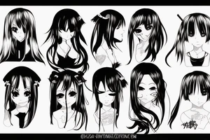Anime Girl with long dark hair, split personality, psycho eyes and a samurai mask in her right hand tattoo idea