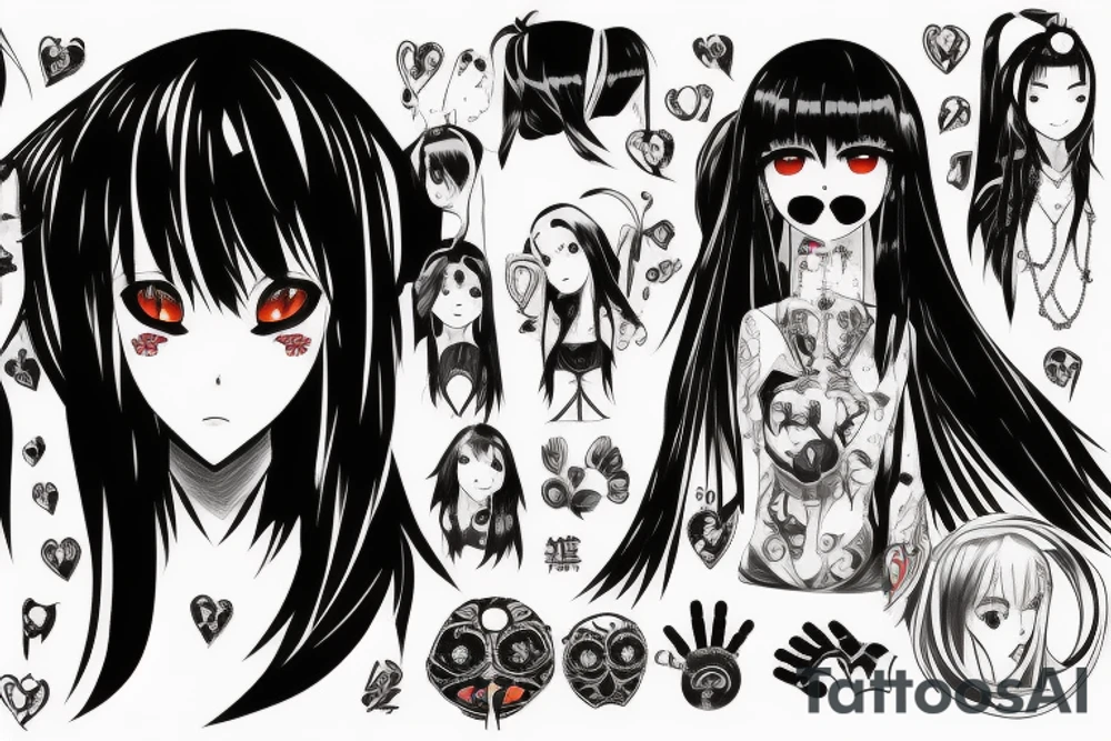 Anime Girl with long dark hair, split personality, psycho eyes and a samurai mask in her right hand tattoo idea