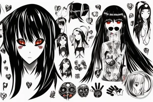 Anime Girl with long dark hair, split personality, psycho eyes and a samurai mask in her right hand tattoo idea