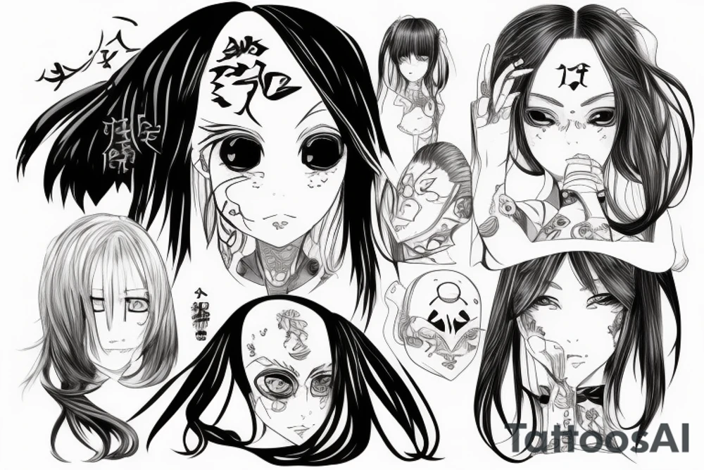 Anime Girl with long dark hair, split personality, psycho eyes and a samurai mask in her right hand tattoo idea