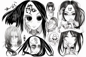 Anime Girl with long dark hair, split personality, psycho eyes and a samurai mask in her right hand tattoo idea