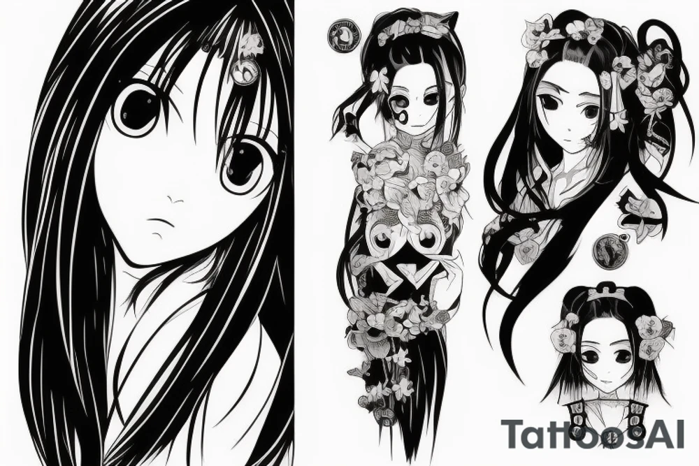 Anime Girl with long dark hair, split personality, psycho eyes and a samurai mask in her right hand tattoo idea