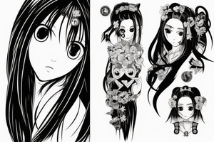 Anime Girl with long dark hair, split personality, psycho eyes and a samurai mask in her right hand tattoo idea