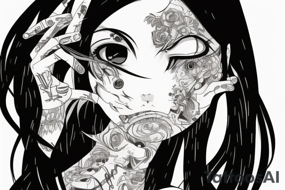 Anime Girl with long dark hair, split personality, psycho eyes and a samurai mask in her right hand tattoo idea