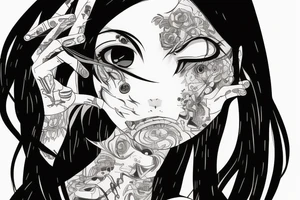 Anime Girl with long dark hair, split personality, psycho eyes and a samurai mask in her right hand tattoo idea