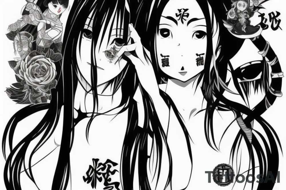Anime Girl with long dark hair, split personality, psycho eyes and a samurai mask in her right hand tattoo idea