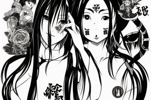 Anime Girl with long dark hair, split personality, psycho eyes and a samurai mask in her right hand tattoo idea