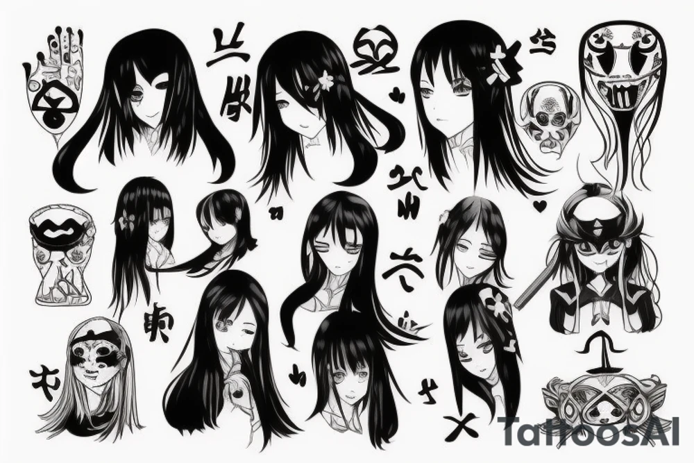 Anime Girl with long dark hair, split personality, psycho eyes and a samurai mask in her right hand tattoo idea