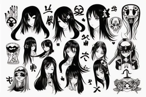 Anime Girl with long dark hair, split personality, psycho eyes and a samurai mask in her right hand tattoo idea