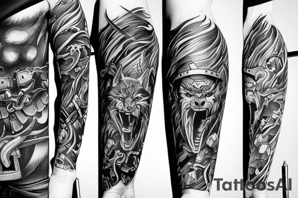 samurai and wolf mixed tattoo idea