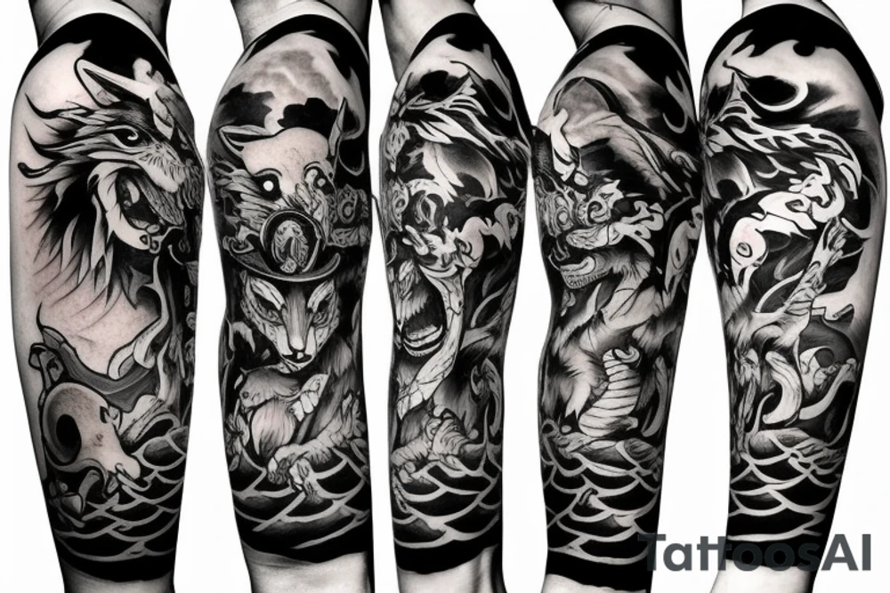 black and gray tattoo of samurai and wolf tattoo idea