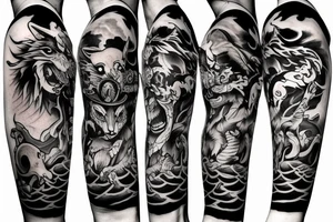 black and gray tattoo of samurai and wolf tattoo idea