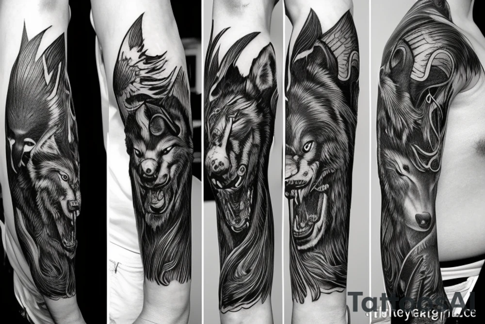 black and gray tattoo of samurai and wolf tattoo idea