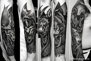black and gray tattoo of samurai and wolf tattoo idea