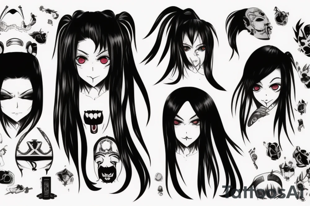 Anime Girl with long dark hair, split personality, psycho eyes and a samurai mask in her right hand tattoo idea