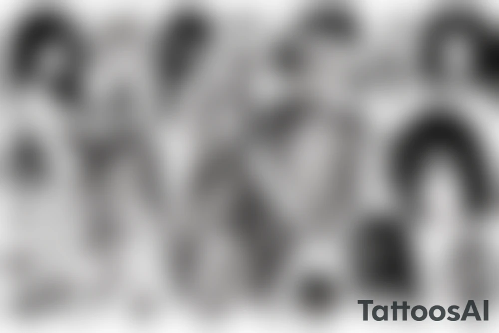 Anime Girl with long dark hair, split personality, psycho eyes and a samurai mask in her right hand tattoo idea