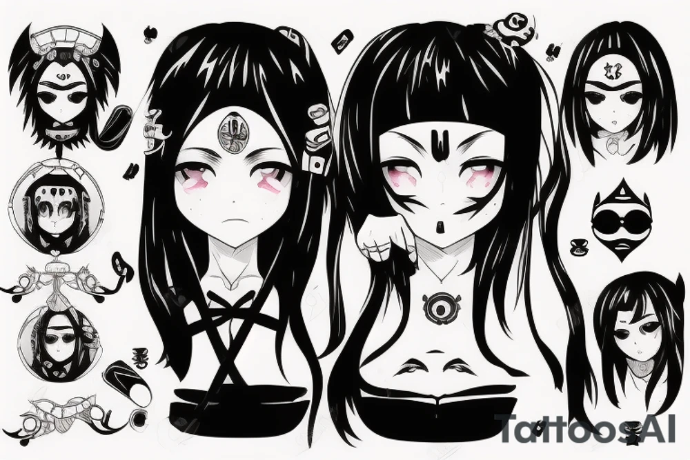 Anime Girl with long dark hair, split personality, psycho eyes and a samurai mask in her right hand tattoo idea