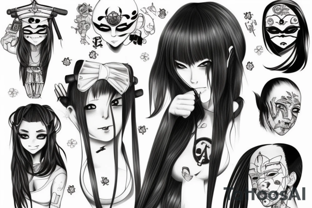 Anime Girl with long dark hair, split personality, psycho eyes and a samurai mask in her right hand tattoo idea