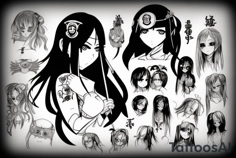 Anime Girl with long dark hair, split personality, psycho eyes and a samurai mask in her right hand tattoo idea