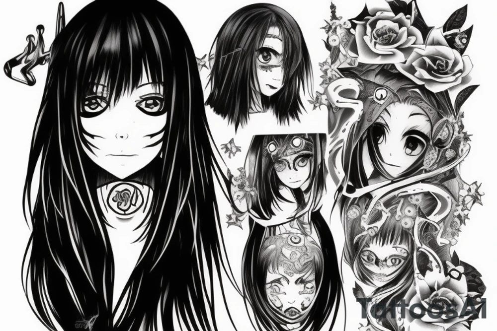 Anime Girl with long dark hair, split personality, psycho eyes and a samurai mask in her right hand tattoo idea