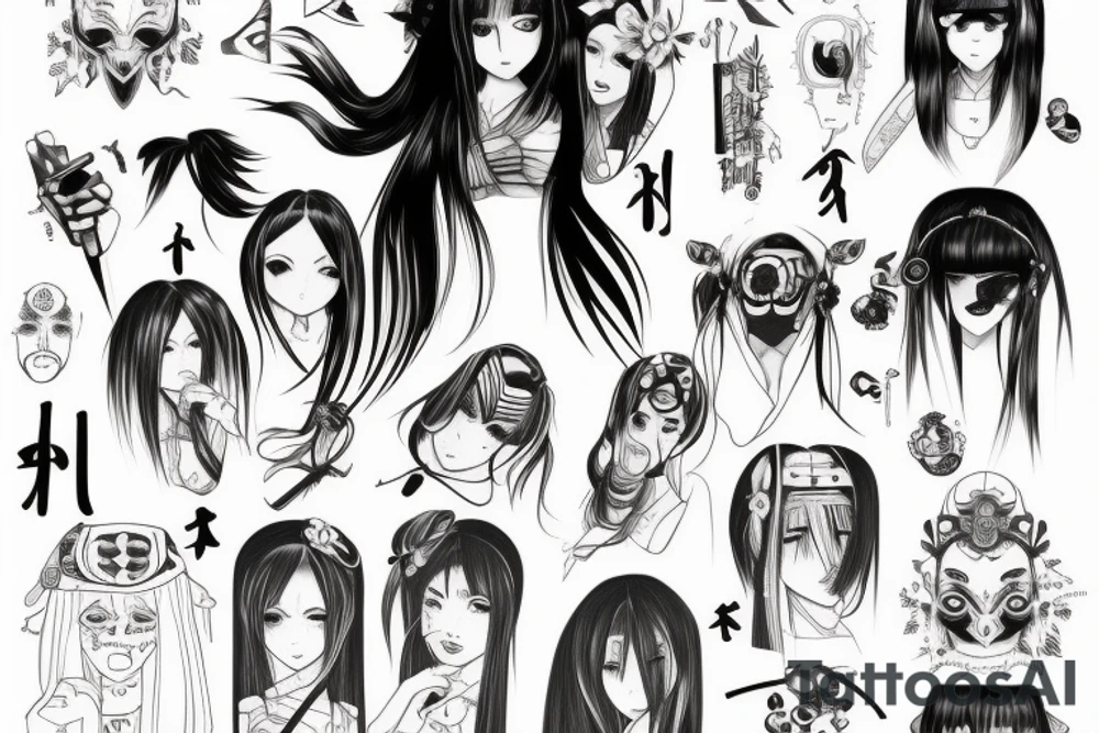 Anime Girl with long dark hair, split personality, psycho eyes and a samurai mask in her right hand tattoo idea